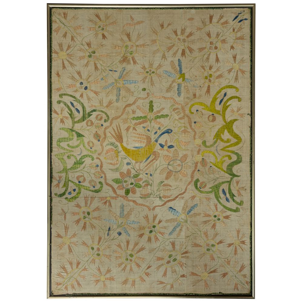 Appraisal: EMBROIDERED WEDDING COVERLET FRAMED TEXTILE Attributed late th early th