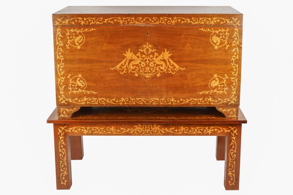 Appraisal: DUTCH STYLE MARQUETRY CHEST ON STANDmodern with gilt metal handles