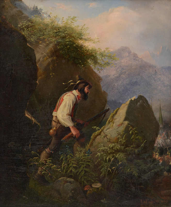 Appraisal: ENHUBER Carl Von Germany - Scene in Mountains with Hunter