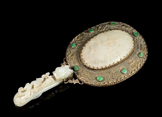 Appraisal: A Jade Inset Silver Hand Mirror Length inches A Jade