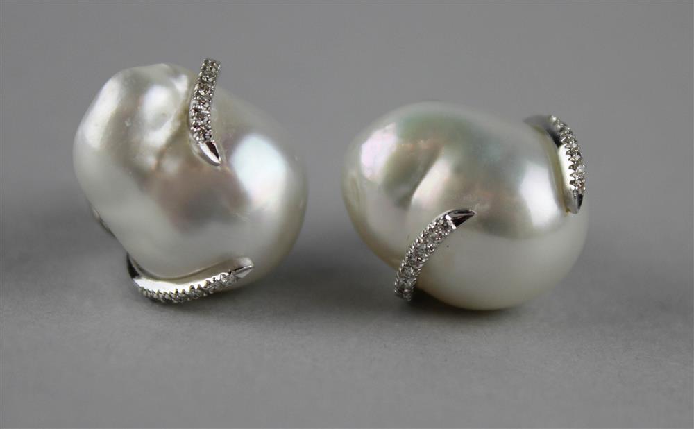 Appraisal: SOUTH SEA BAROQUE PEARL AND DIAMOND EAR STUDS