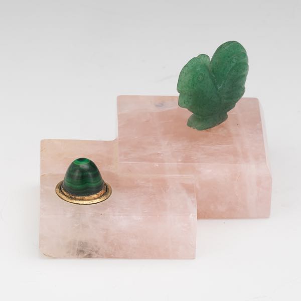 Appraisal: FABERGE STYLE ANTIQUE PINK QUARTZ AVENTURINE AND MALACHITE BELL PUSH