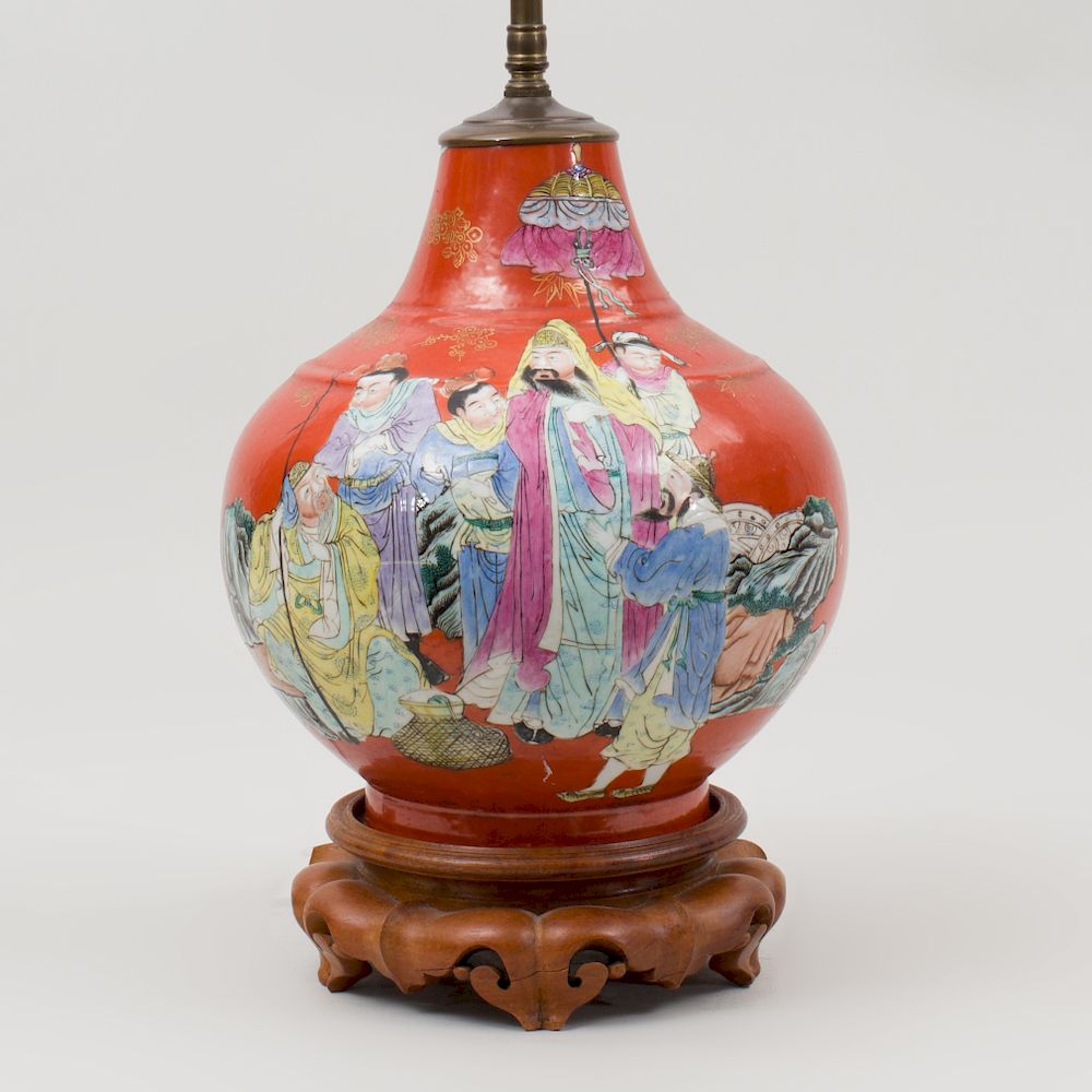 Appraisal: Chinese Iron Red Porcelain Vase Mounted as a Lamp x