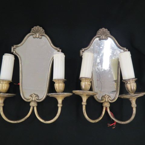 Appraisal: Pair of Silverplate Sconces double light mirrored back