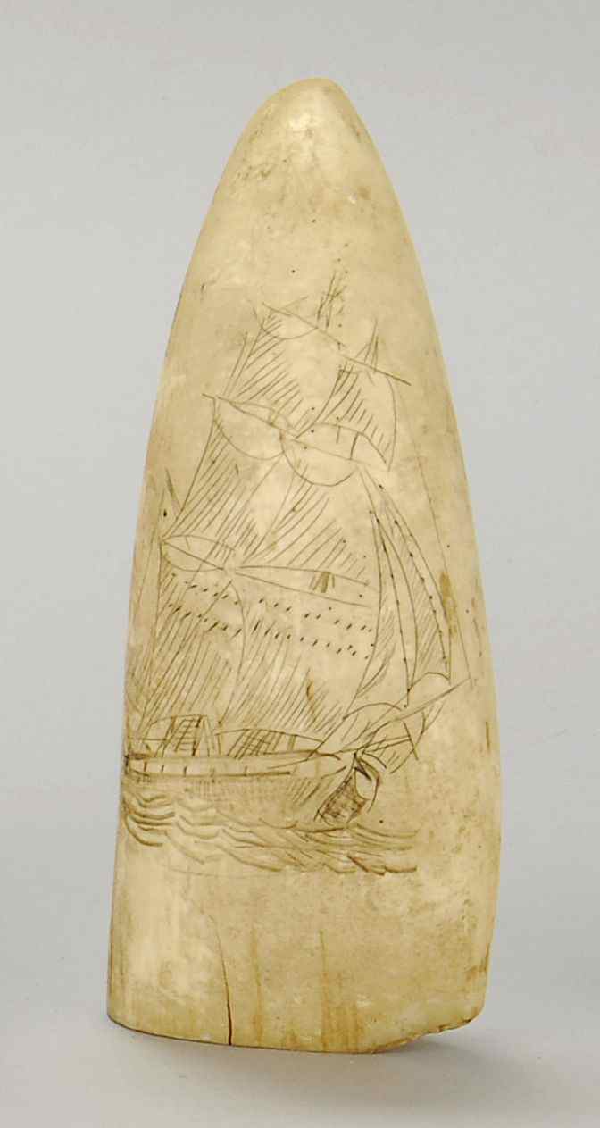 Appraisal: SCRIMSHAW AND PAINTED WHALE'S TOOTHEach side decorated with a full-rigged