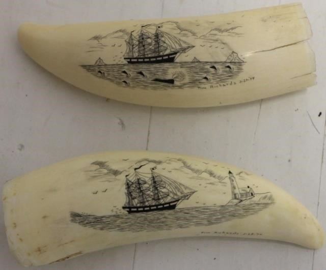 Appraisal: TWO TH C SCRIMSHAW WHALE'S TEETH SIGNED BYSCRIMSHANDER TIM RICHARDS