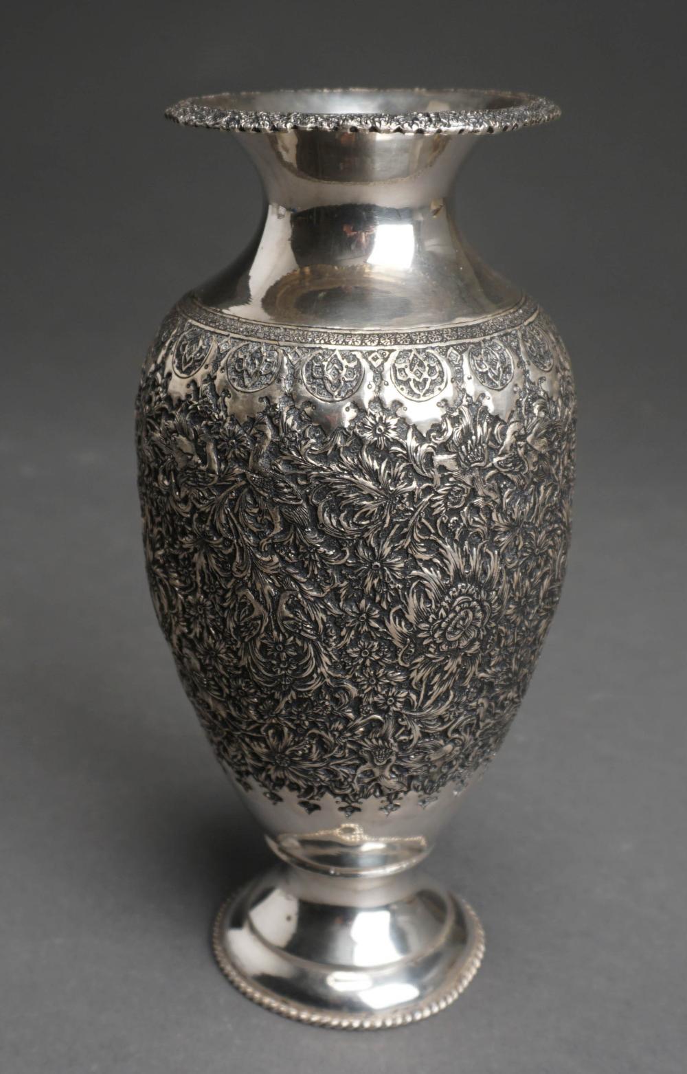 Appraisal: Persian Armenian Style -Silver Arabesque Embossed Vase Probably Khoy H