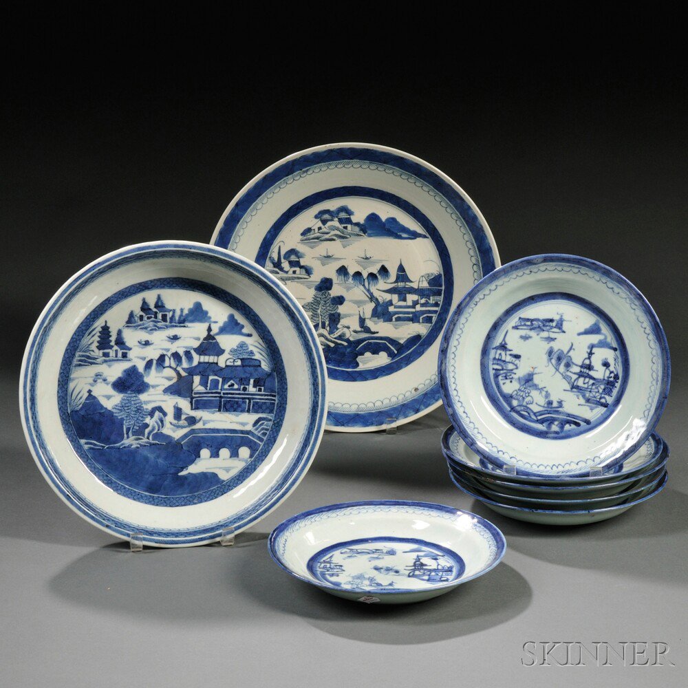 Appraisal: Eight Blue and White Canton Porcelain Table Items China late