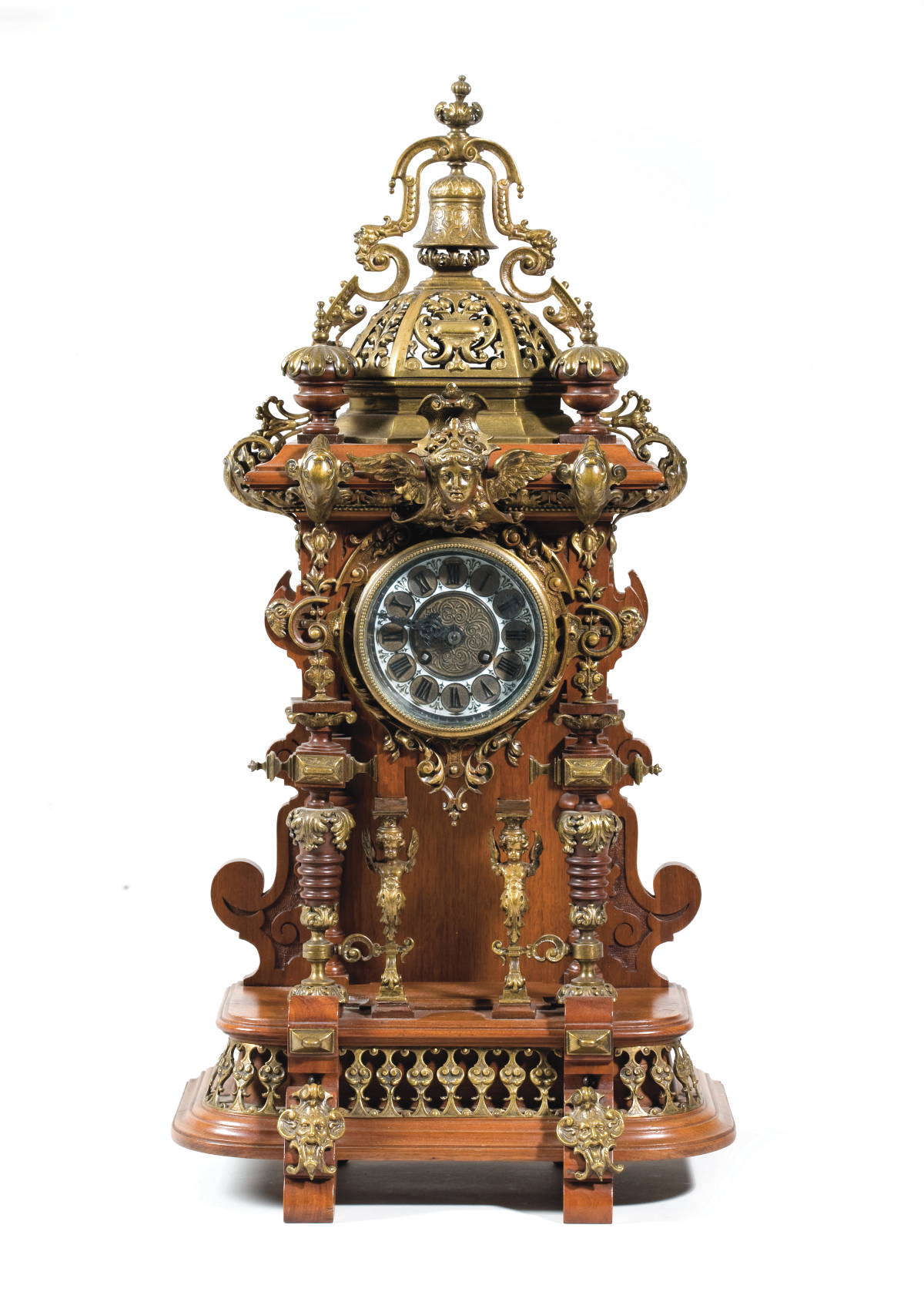 Appraisal: GERMAN WALNUT AND CAST-BRASS MANTEL CLOCK Height inches width inches