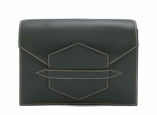 Appraisal: An Hermes 'Bond Street' Green Calf Envelope Clutch with white