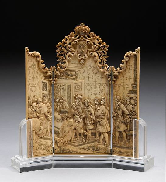 Appraisal: A French cased ivory triptych of a historical scene last