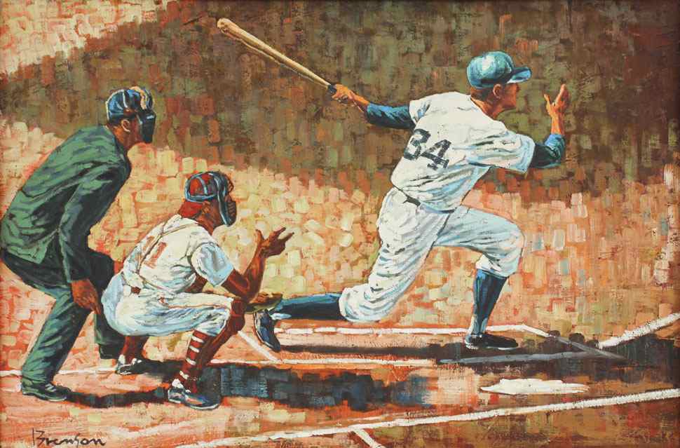 Appraisal: BASEBALL ILLUSTRATION PAINTING SIGNED BRENSON Oil Canvas '' x ''