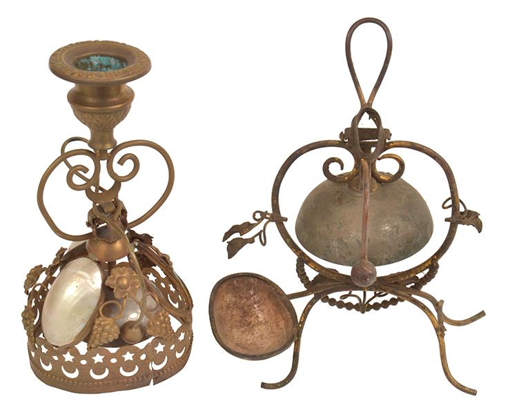 Appraisal: TWO BRASS AND MOTHER OF PEARL COUNTER TOP BELLS LOSSES