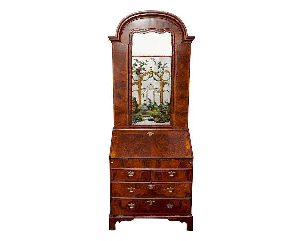 Appraisal: Queen Anne Walnut Secretary Bookcase with Eglomise Mirrored Panel Queen