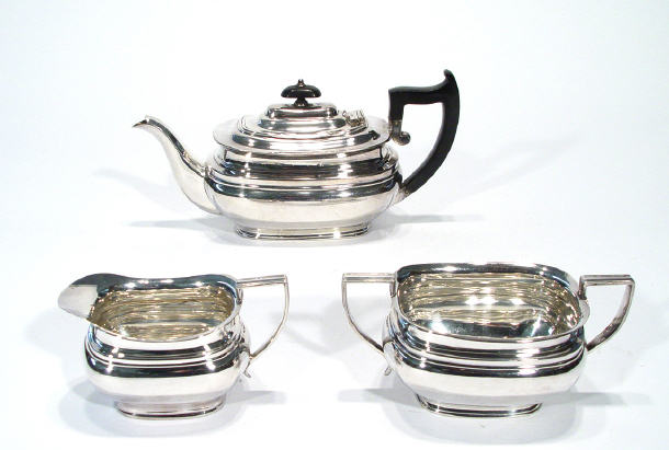 Appraisal: Three piece silver plated teapot with ebony knop and handle