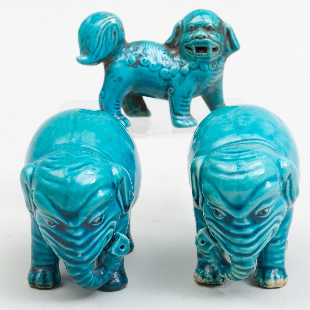 Appraisal: Three Chinese Turquoise Glazed Pottery Animals Comprising A pair of