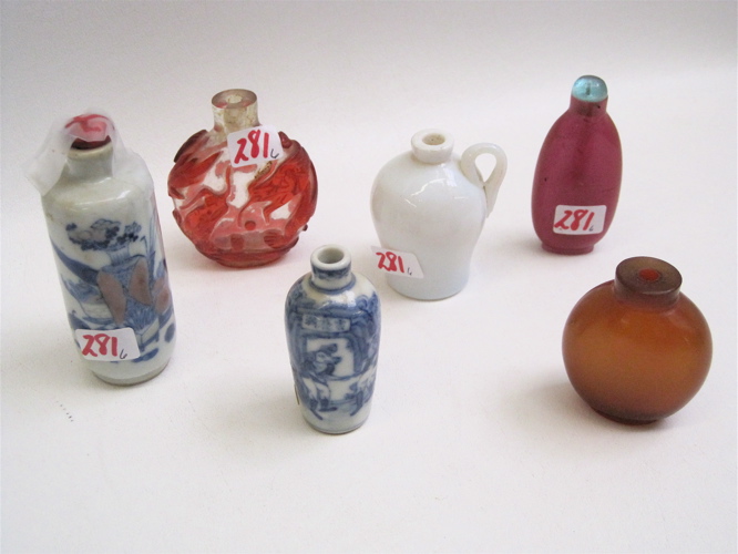 Appraisal: SIX CHINESE SNUFF MEDICINE BOTTLES two pottery and H a