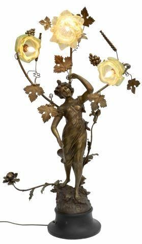 Appraisal: Art Nouveau style patinated metal three-light table lamp th c