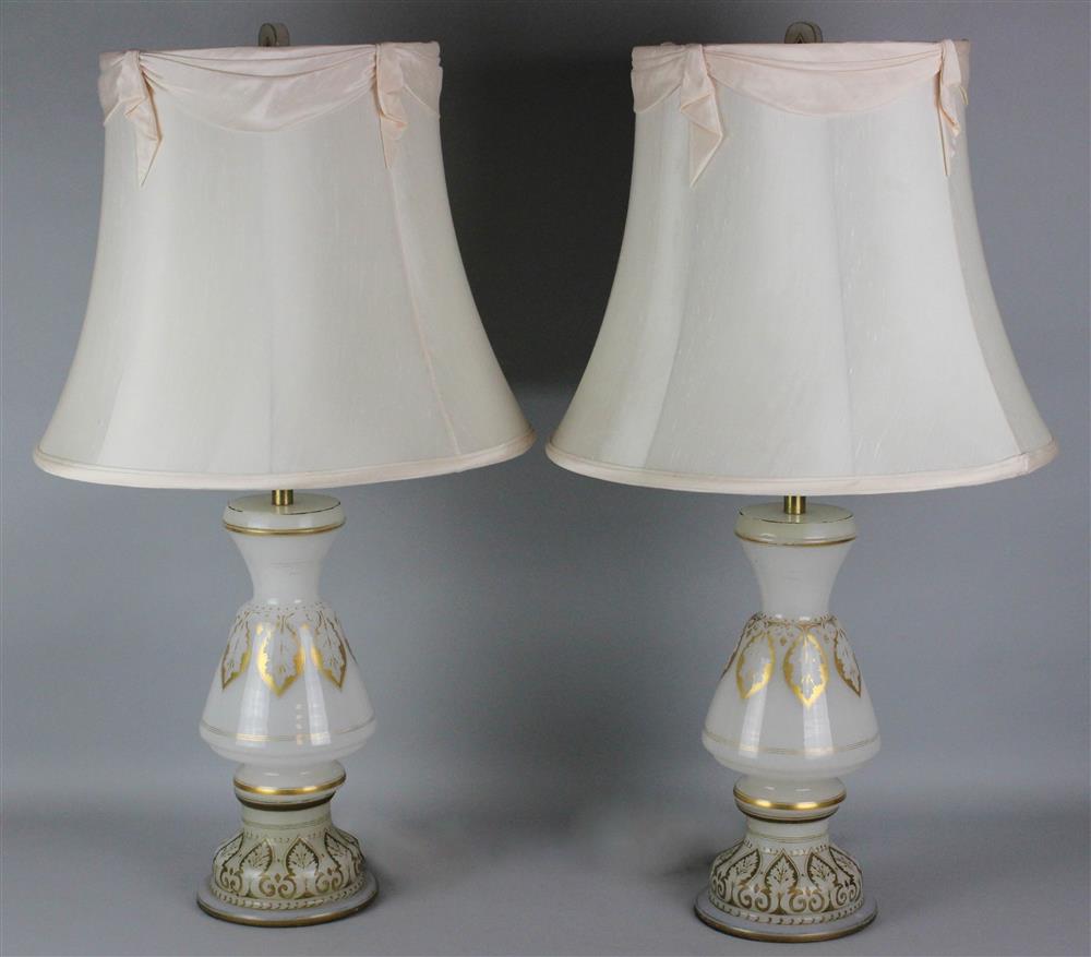 Appraisal: PAIR OF FRENCH GILT DECORATED OPALINE GLASS VASES FITTED AS