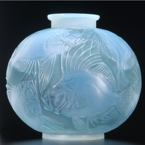 Appraisal: R LALIQUE Vase Poissons opalescent with green-blue patina c M