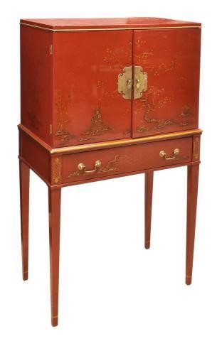 Appraisal: Chinoiserie red lacquered chest on stand late th c double-door