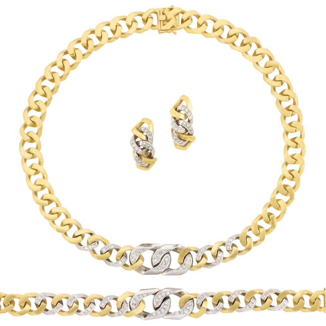 Appraisal: Two-Color Gold and Diamond Curb Link Chain Necklace Bracelet Pair