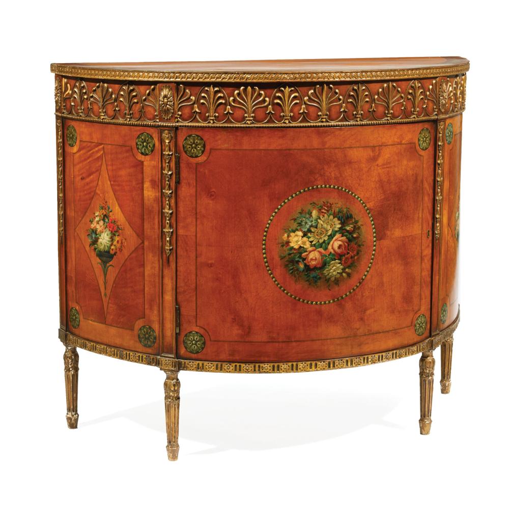 Appraisal: Edwardian Parcel Gilt and Paint-Decorated Satinwood Demilune Commode early th