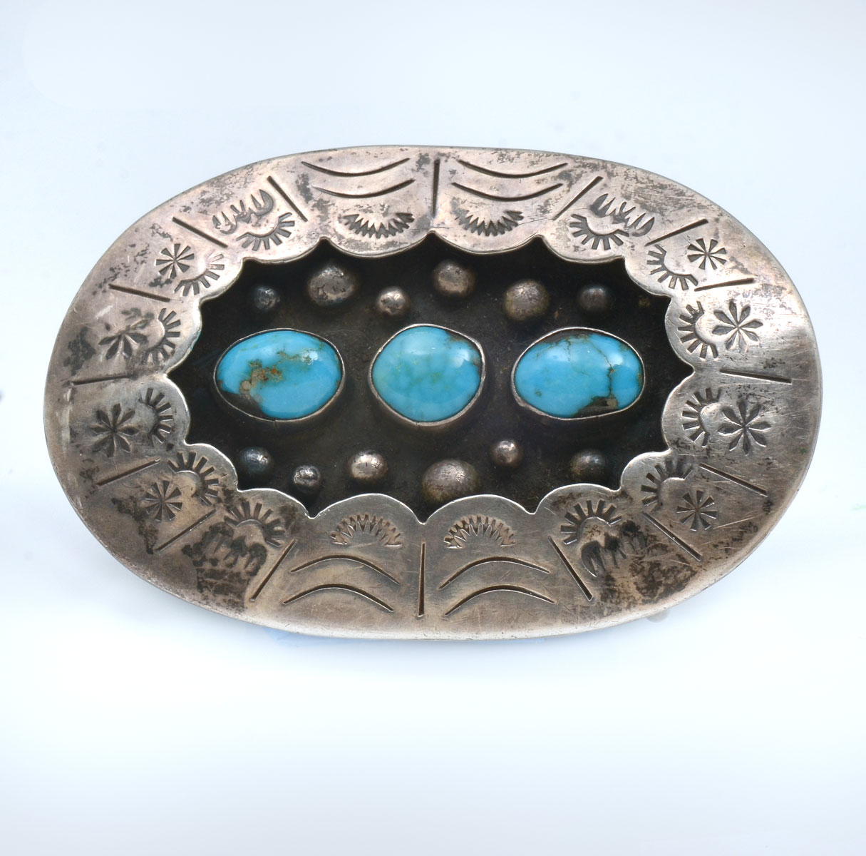 Appraisal: NATIVE AMERICAN INDIAN STERLING TURQUOISE BELT BUCKLE pieces of turquoise