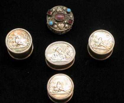 Appraisal: Four swedish silver pill boxes together with an indian pill