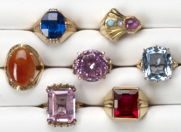 Appraisal: GOLD AND GEMSTONE RINGS Seven rings most k some k