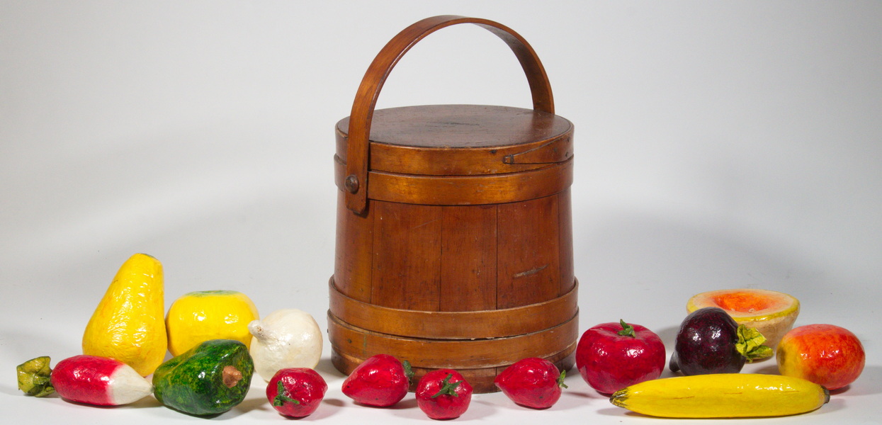 Appraisal: ROUND LIDDED FIRKIN WITH PCS PAPIER MACHE FRUIT th c