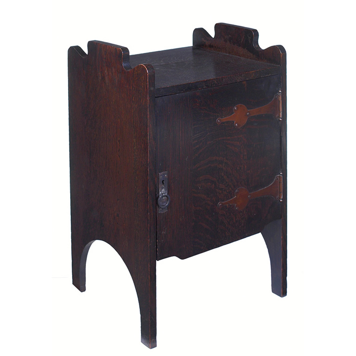 Appraisal: Arts Crafts smoke stand single door with copper strap hinges