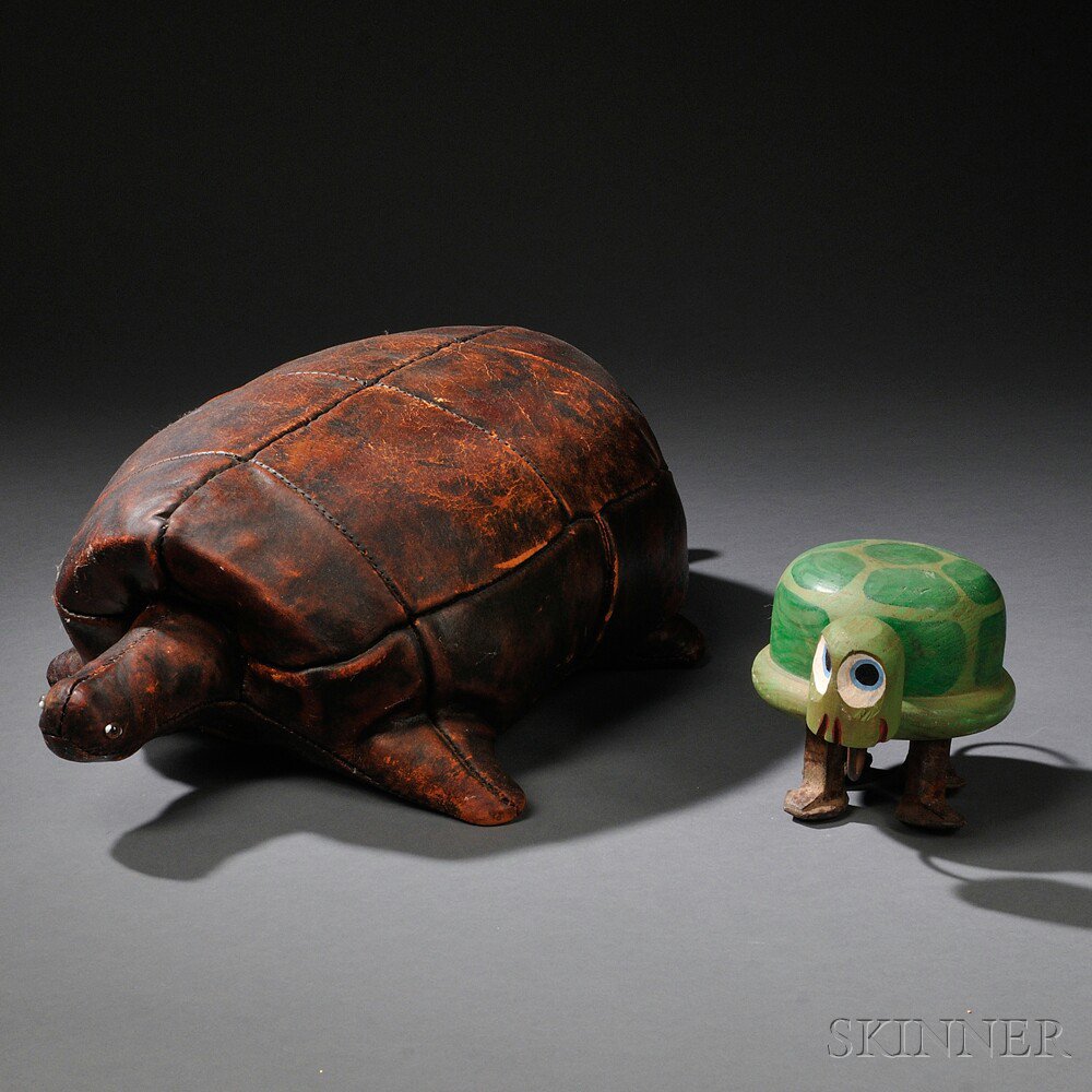 Appraisal: Folk Art Painted Turtle and A Leather Turtle Painted wood