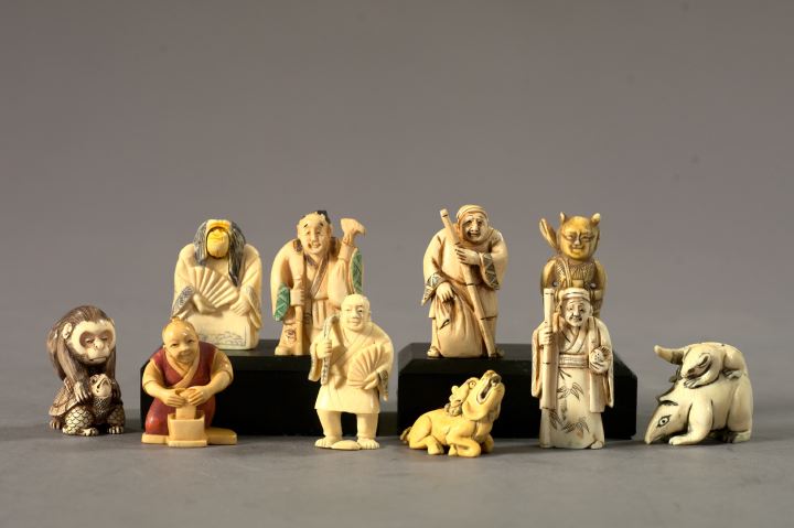 Appraisal: Collection of Ten Japanese Meiji Carved and Oxidized Ivory Netsukes