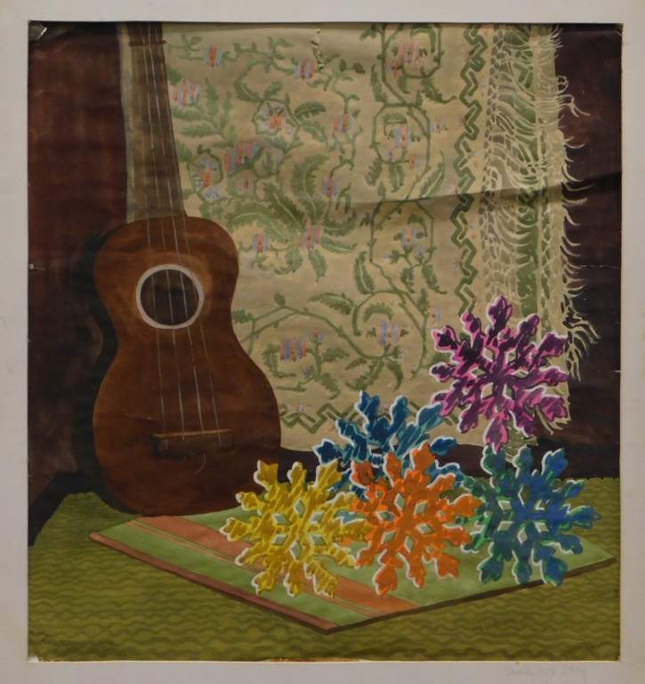 Appraisal: MOLLY TOBY FOLK GUITAR HOLIDAY STILL LIFE PAINTING Massachusetts -