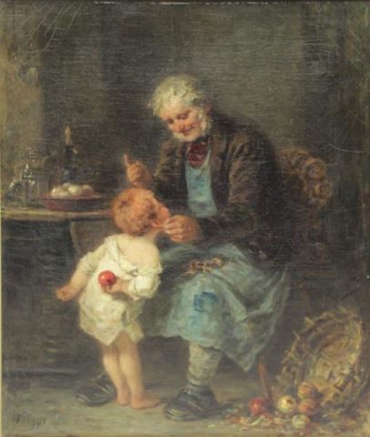 Appraisal: Signed th C Oil on Canvas Interior Scene withElderly Man