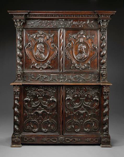 Appraisal: A Renaissance Revival carved oak side cupboard th century The