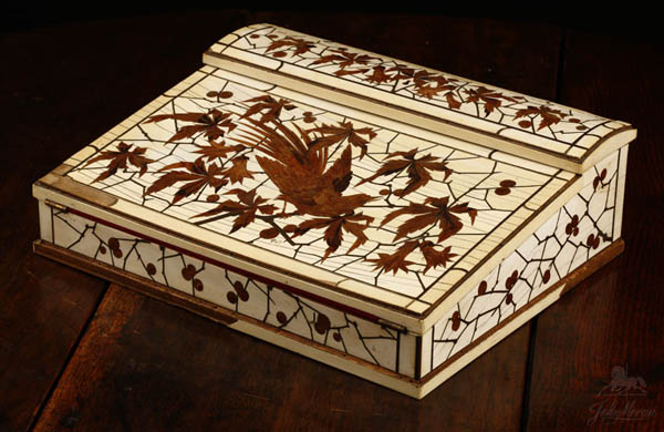 Appraisal: A Continental bone and marquetry lap desk bird A Continental