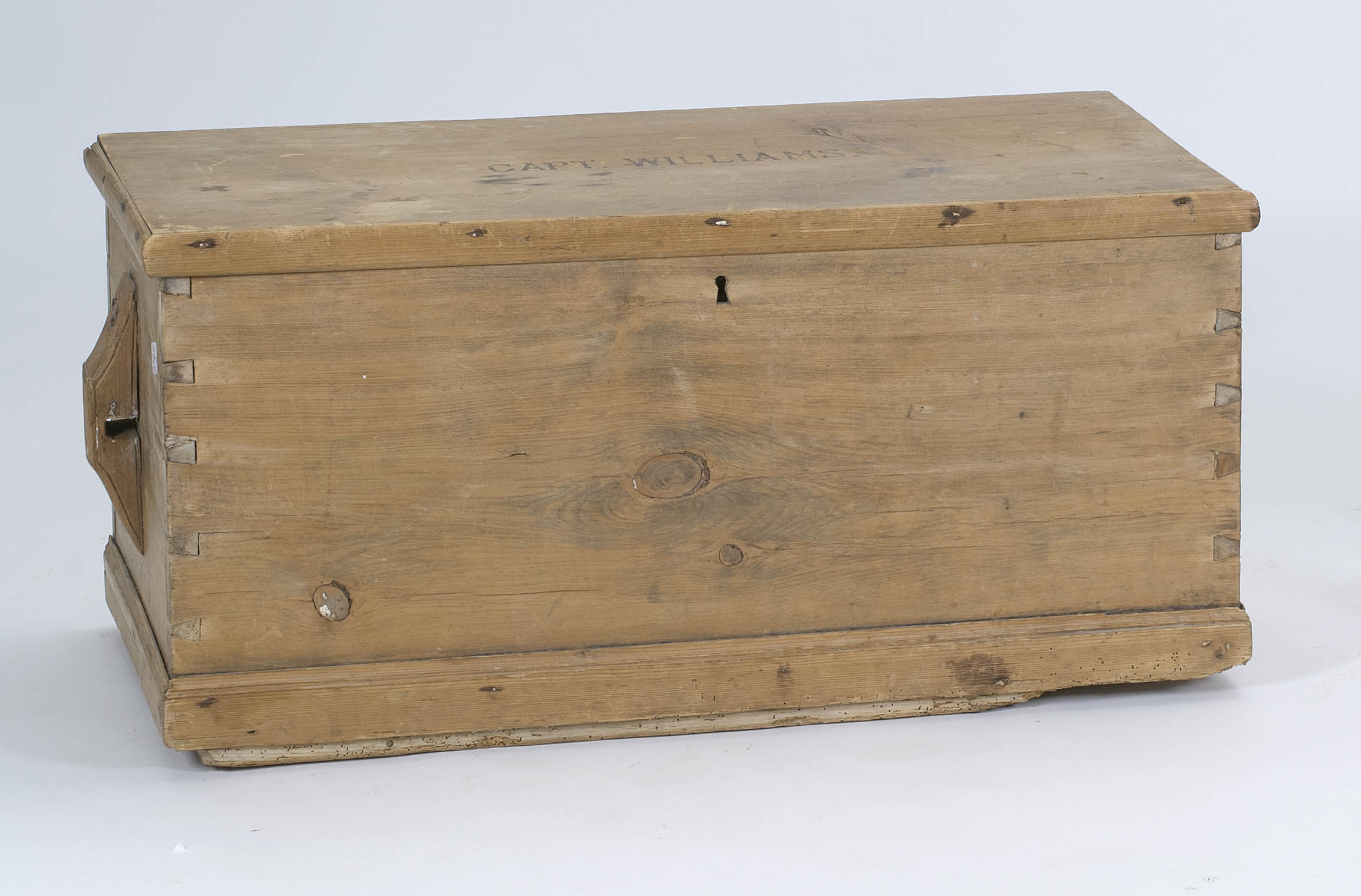 Appraisal: TH CENTURY SEA CHEST in pine with iron hinges Capt