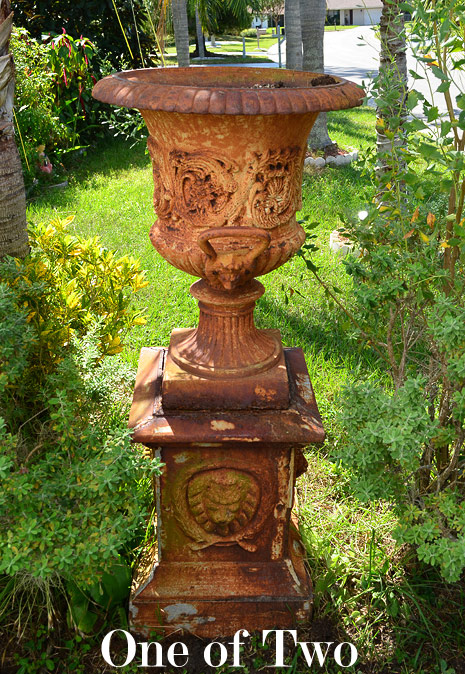 Appraisal: PAIR OF PALATIAL CAST IRON GARDEN URNS ON BASES ft