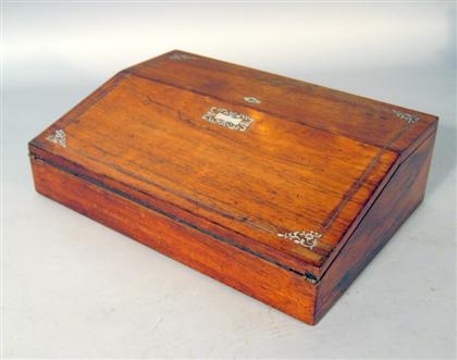 Appraisal: Victorian mother-of-pearl inlaid mahogany writing slope th century The drop-down