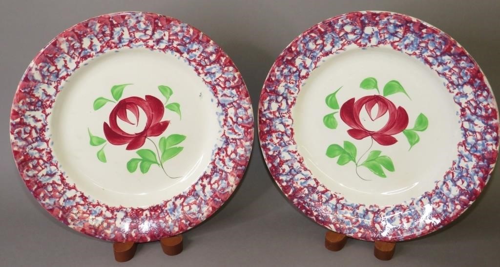 Appraisal: PAIR OF SPONGE SPATTER ADAMS ROSE PATTERN PLATESca red on