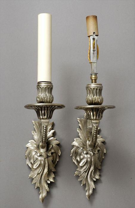 Appraisal: Pair of Louis XV-Style Silvered-Metal Single-Light Wall Sconces x in