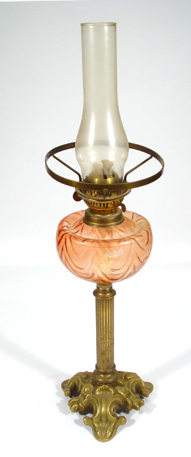 Appraisal: Oil lamp with reeded brass stem and scroll base and