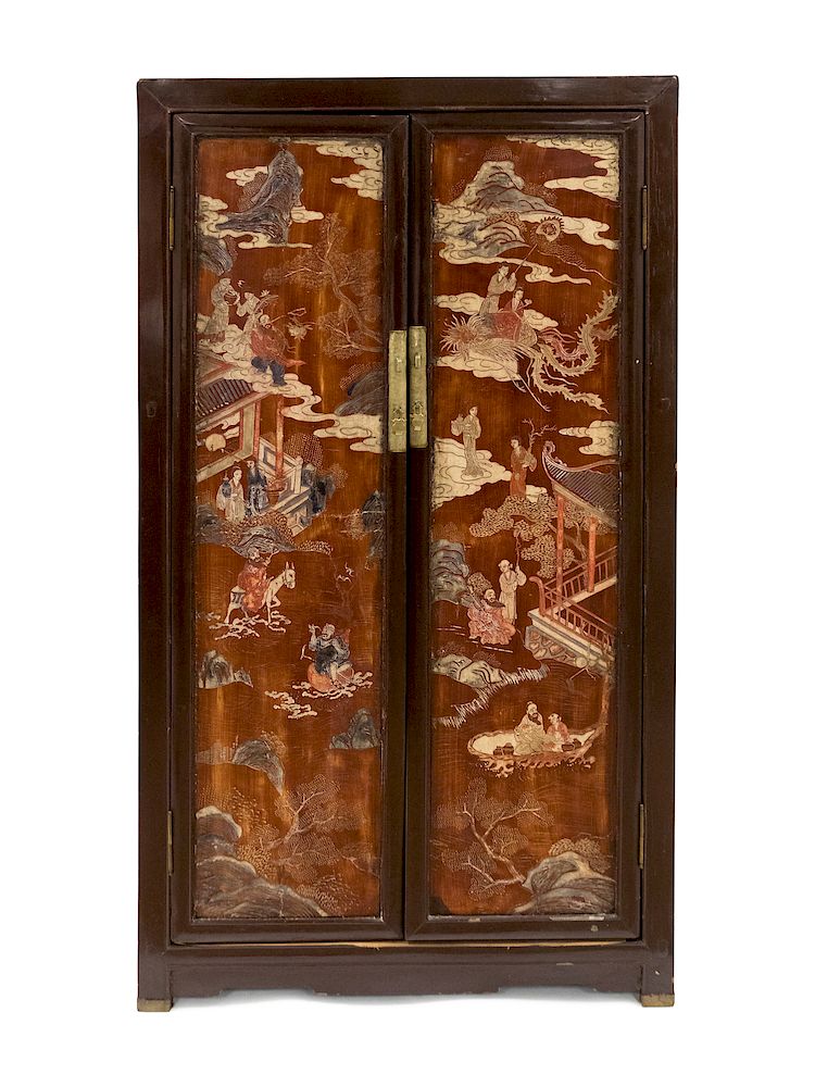 Appraisal: A Pair of Chinese Two-Door Brown Lacquered Cabinets with Polychrome