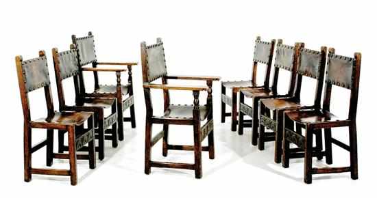 Appraisal: Set of eight Jacobean Revival oak and leather chairs late