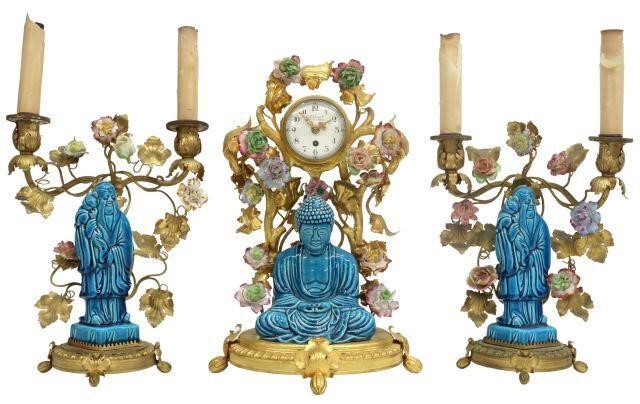 Appraisal: lot of French Chinoiserie mantel set retailed by S G