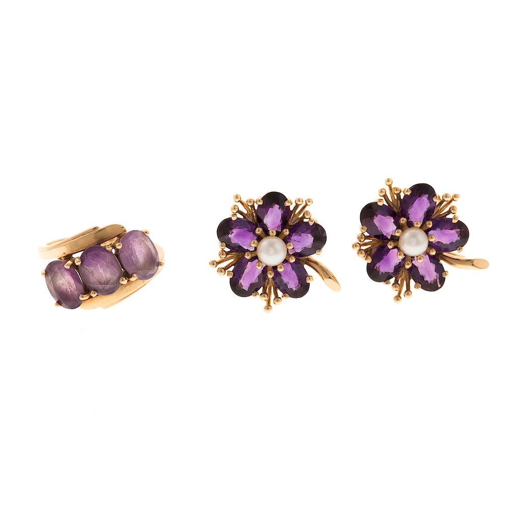 Appraisal: A Pair of Amethyst Earrings and Ring in Gold pair