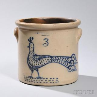 Appraisal: Three-gallon Peacock-decorated Stoneware Crock T Harrington Lyons New York c