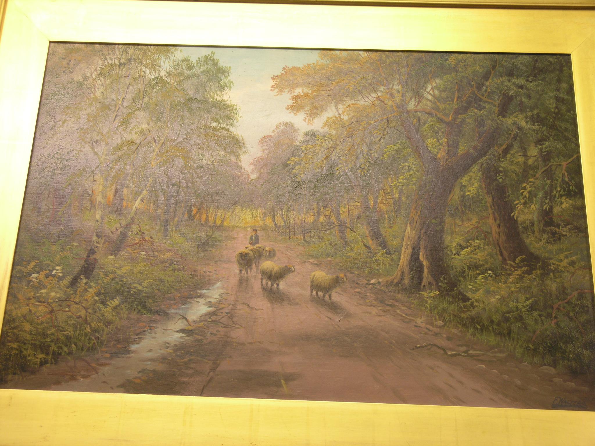 Appraisal: F Walters - oil on canvas wooded scene with sheep